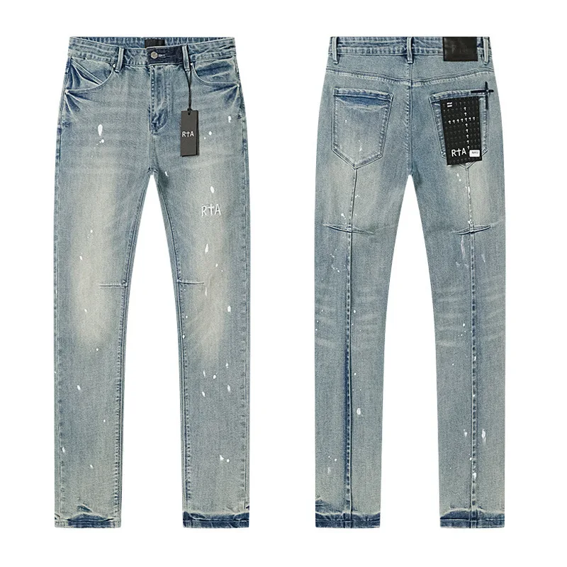 

Men's RTA Black Distressed Jeans Cross Pattern Ripped Denim Pants Slim Fit Casual Fashion Brand Streetwear Trousers 2026