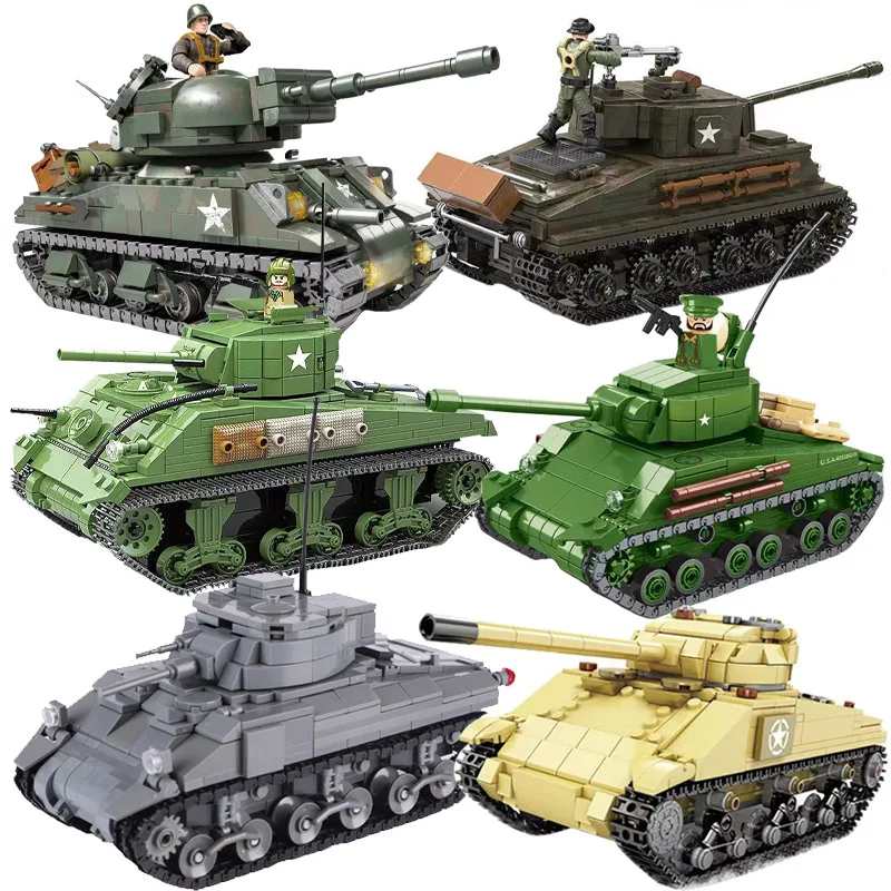 Military Series Main Battle Tank Building Blocks USA M4A1 Medium Tank Armored Vehicle WW2 Army Soldier Figure Weapon Bricks Toys