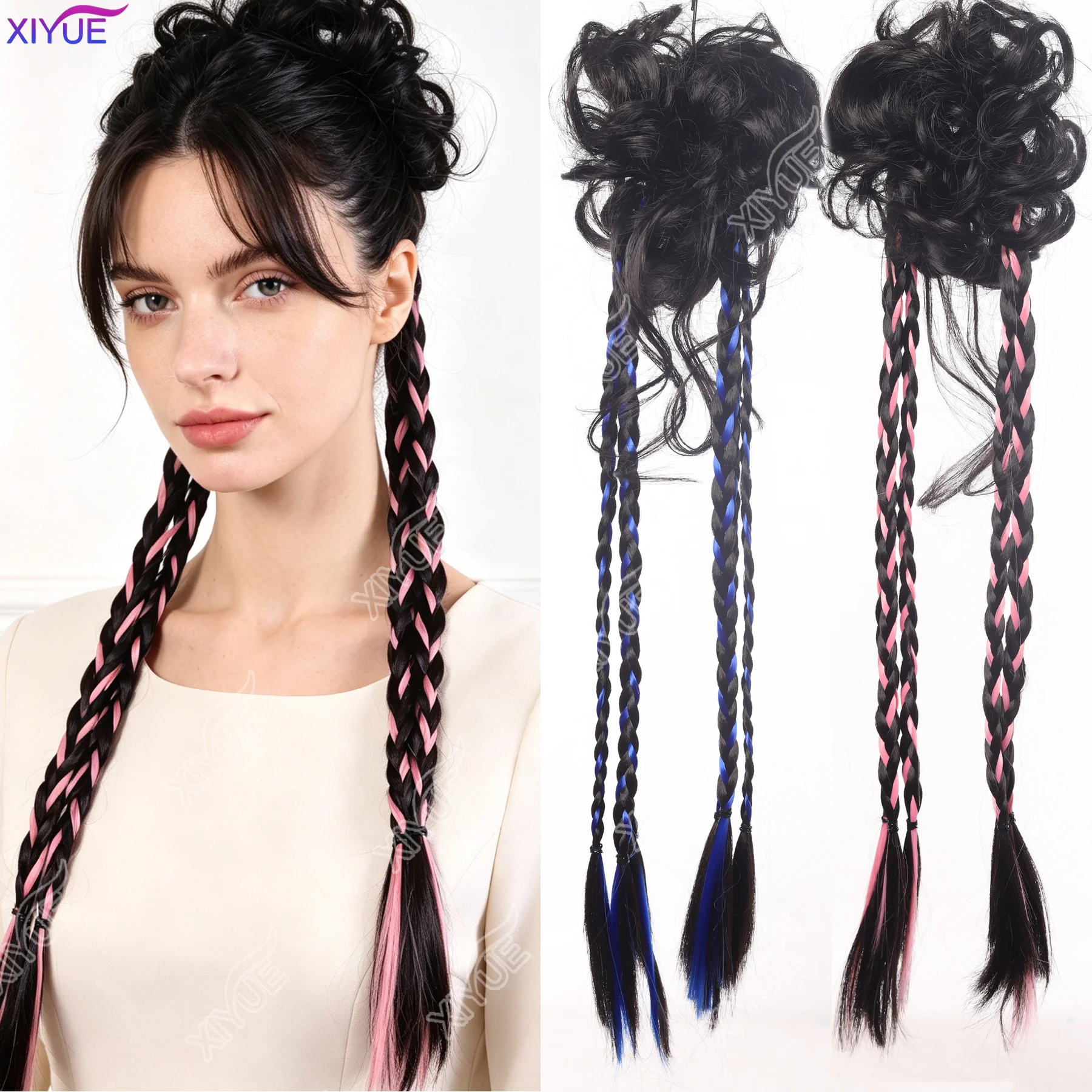 

Synthetic blue rubber band braided wig women's ponytail hair extension women's hair ring wig Hairdo Boxing Braid Wig XIYUE
