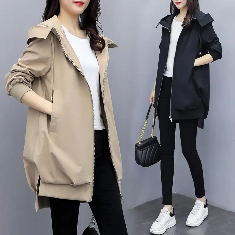 Women\'s Spring And Autumn Jacket Korean Style Khaki Loose Relaxed Hooded Windbreaker Mid Length Black Fashion Coat For Women Top