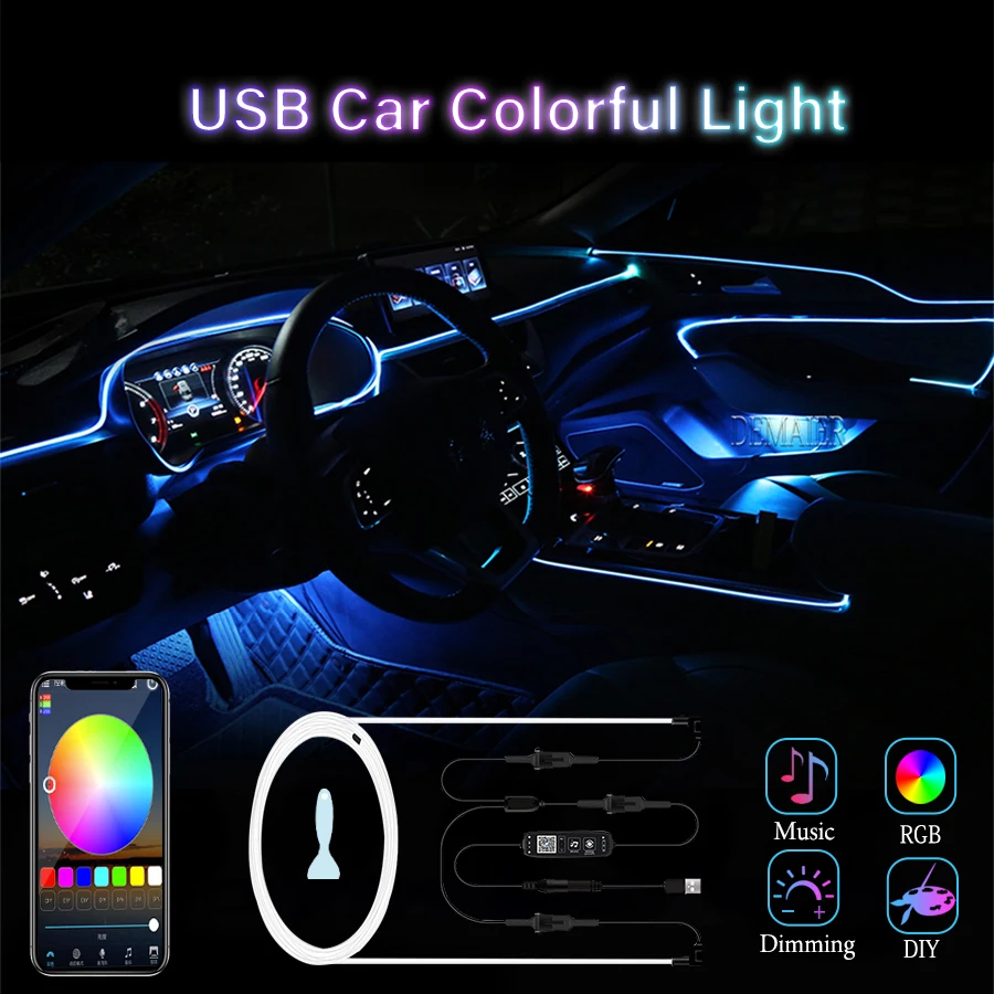 

Car Neon Light USB LED Interior Atmosphere Lights RGB Ambient Light Optic Fiber APP Music Auto Decorative EL Flexible Strip