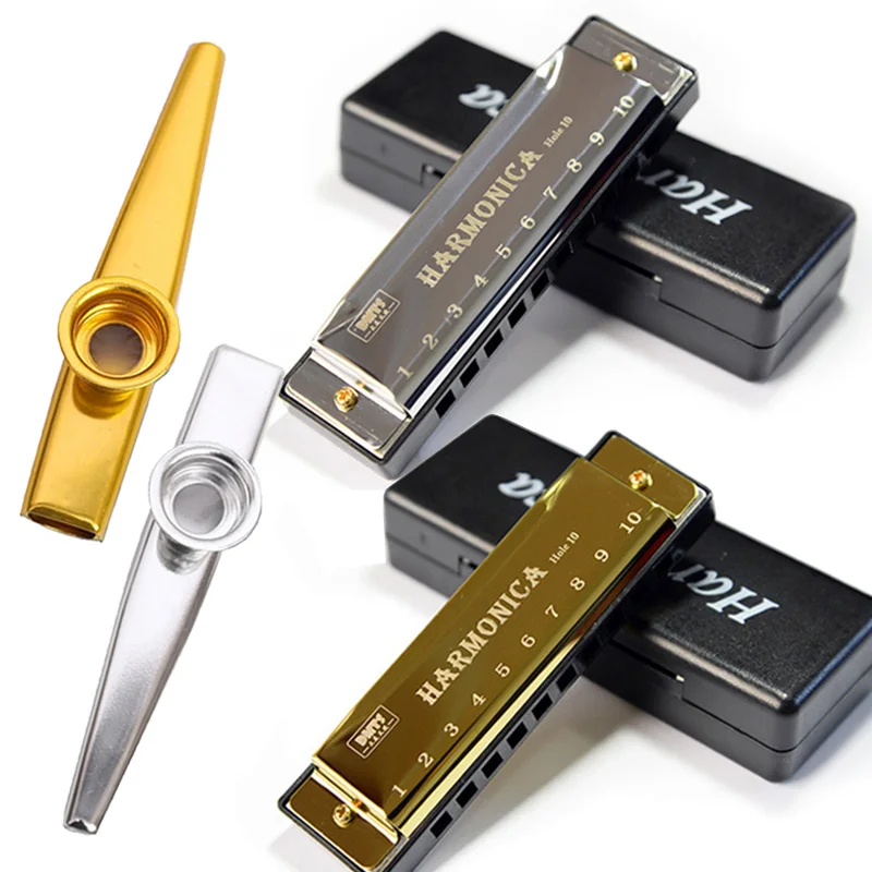 Mini-Mundharmonika und Kazoo-Set, 10-Loch-Diatonische Mundharmonika mit Koffer, Anfängerinstrumente, Schüler, Belohnung, Geschenk, Metall, TMZ