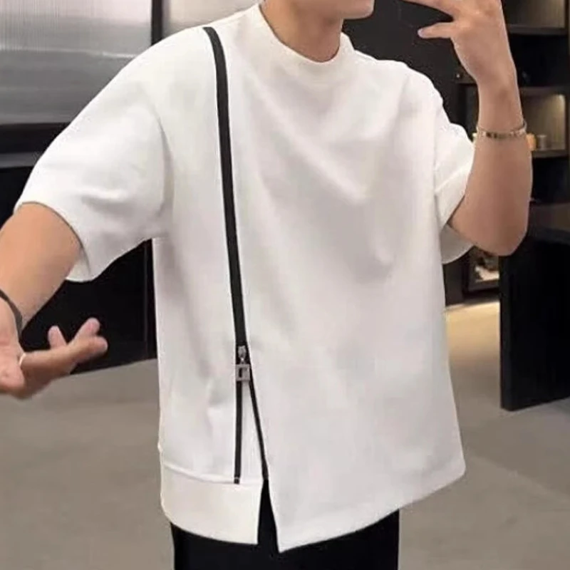 2026 New Summer Men American High Street Crew Neck Short Sleeve T-Shirt, Zip Split Hem Design Breathable Fashion Top