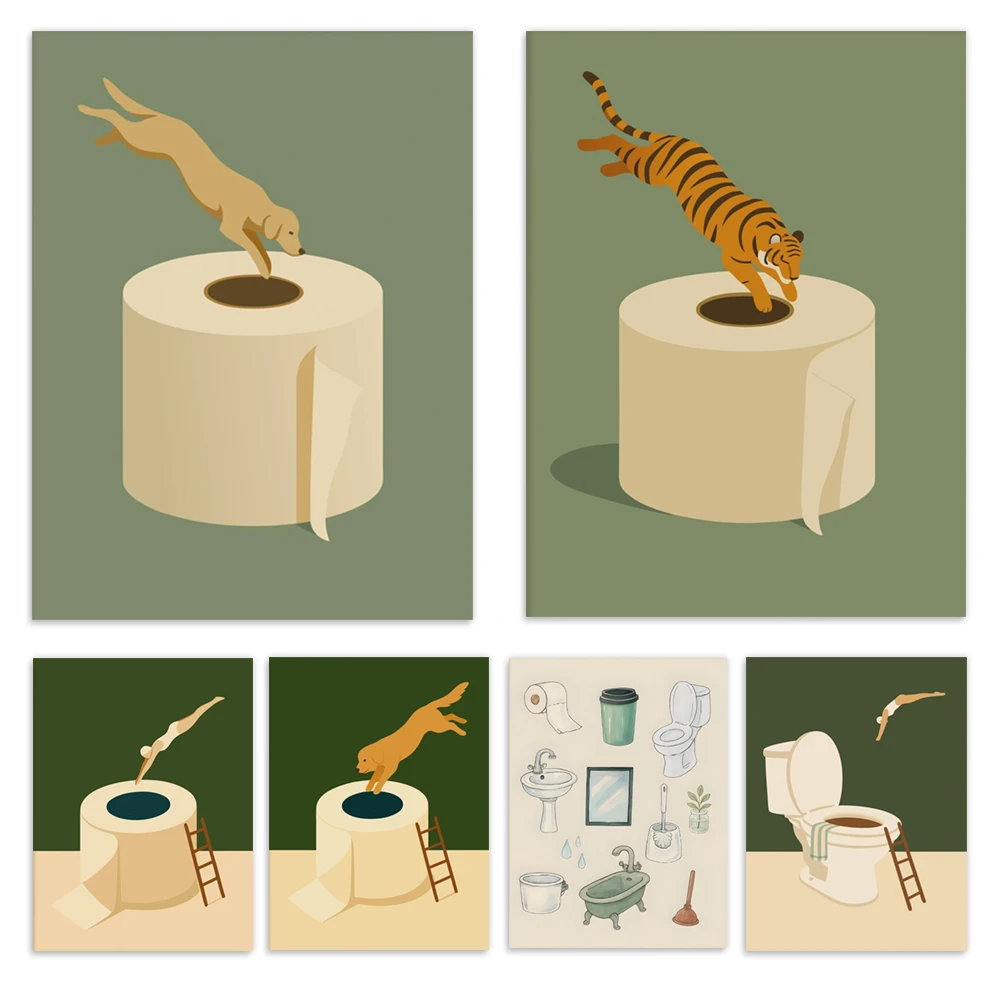 Mini Golden Retriever, Tiger, and Cat Toilet Diving Graphic: Fun Animal Swimming Bathroom Wall Poster; Dog Toilet Decor