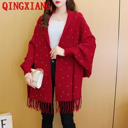 Poncho largo de punto con borlas para mujer, prendas de punto con cuentas de diamantes, Mangas de murciélago, chal suelto, 5 colores, otoño