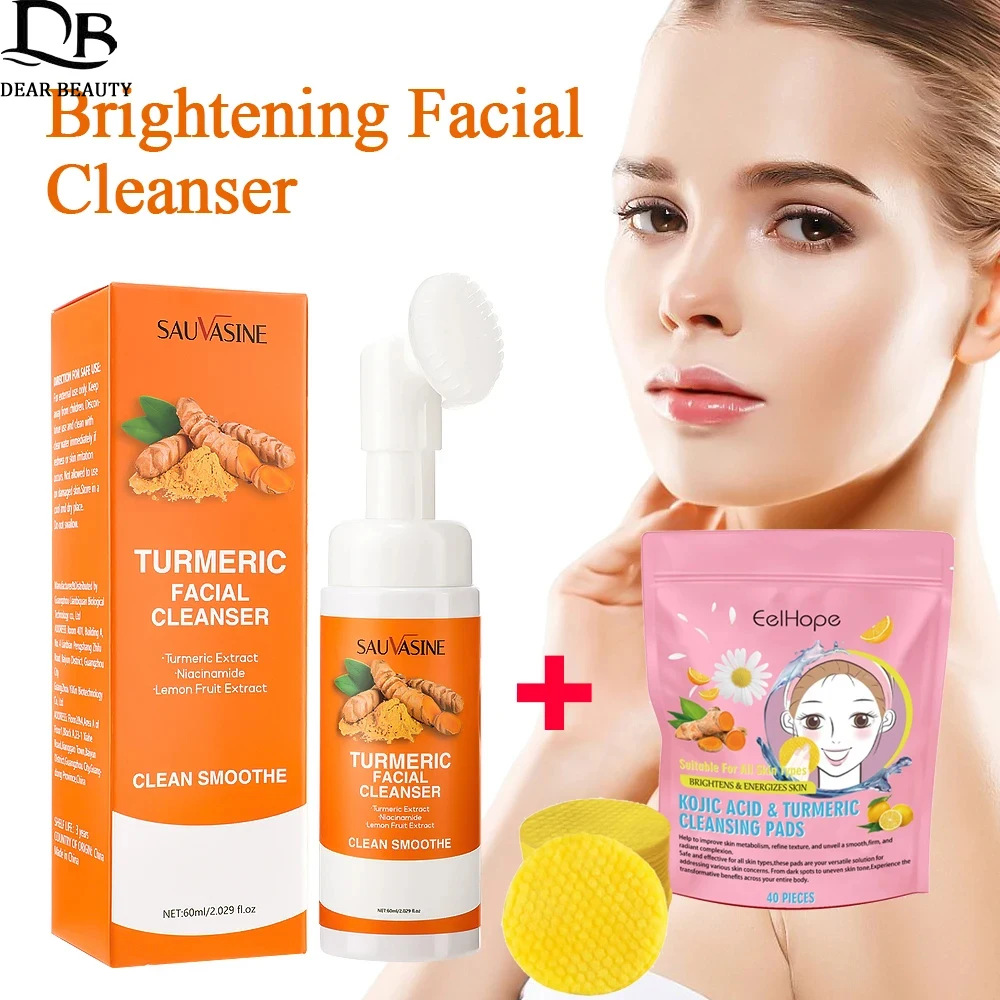 Limpiador Facial de cúrcuma + almohadillas limpiadoras exfoliantes faciales de ácido kójico de cúrcuma, Reduce las manchas oscuras, juego de cuidado Facial iluminador de la piel
