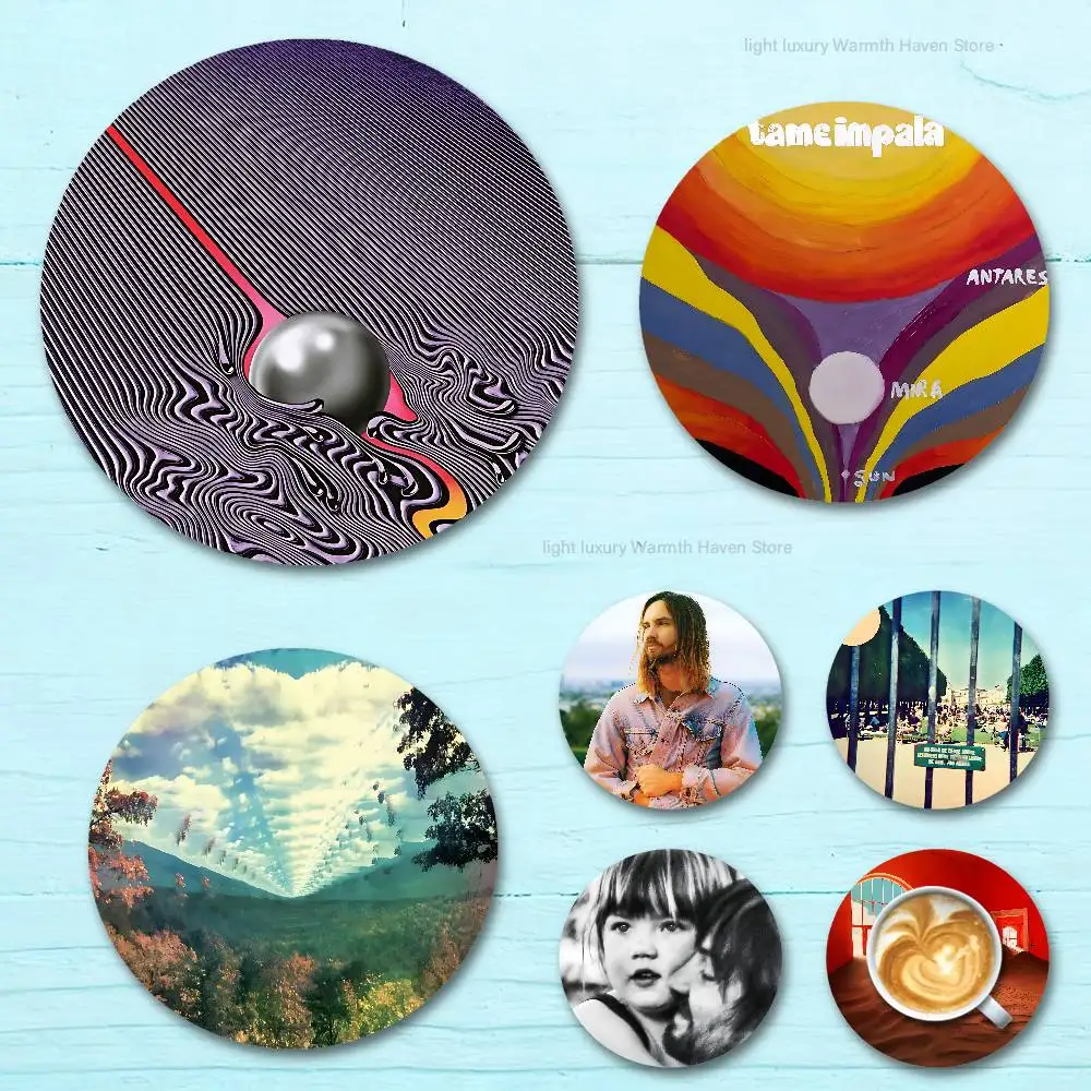 

Currents T-Tame I-Impala Heat Resistant Round Wooden Coasters Non-slip Drink Cafe Decoration 2D Flat Color Print Coasters