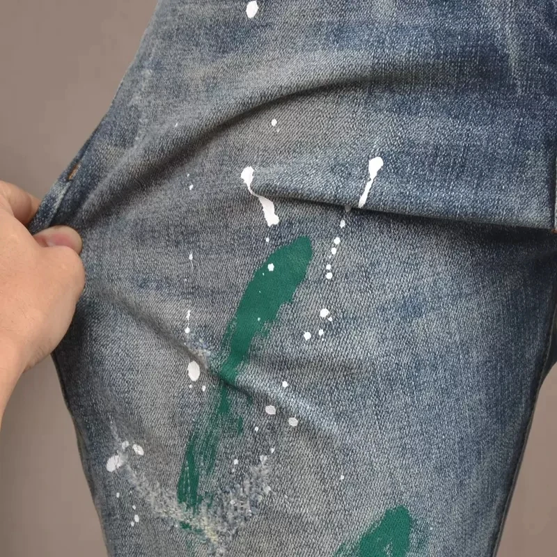 Fashion Streetwear Men Jeans Retro Blue Elastic Slim Fit Ripped Jeans Men Vintage Trousers Painted Designer Hip Hop Pants Hombre