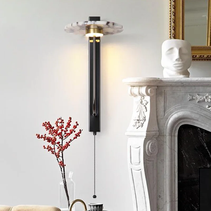 أسود فاخر المرمر الحجر الطبيعي الجدار مصباح غرفة نوم الراقية الشمعدان تصميم غرفة المعيشة الفنية الرخام ديكور أضواء LED #3