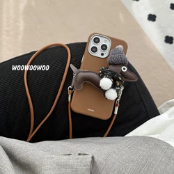 Luxury Crossbody Lanyard Strap Phone Case For iPhone 16 15 14 13 Pro Max Winter Cute Cartoon puppy Leather Protective Cover
