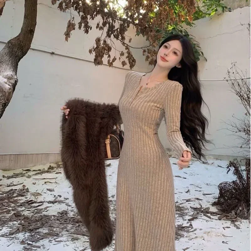 Sovob New Thicken Slim Elastic A-Line Dress Women High Waist Long Sleeve Inner Wear Dresses Lady Korean Fashion Dresses Woman