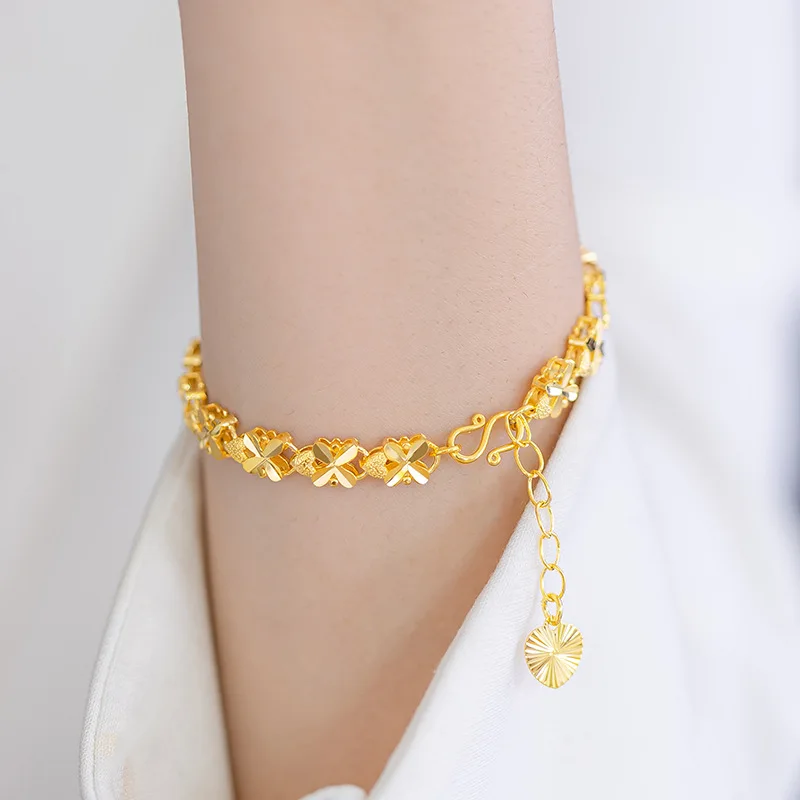 AU999 gold ladies wrist chain Japanese and Korean fashion bracelet 24k real gold bracelet clover bracelet for girlfriend