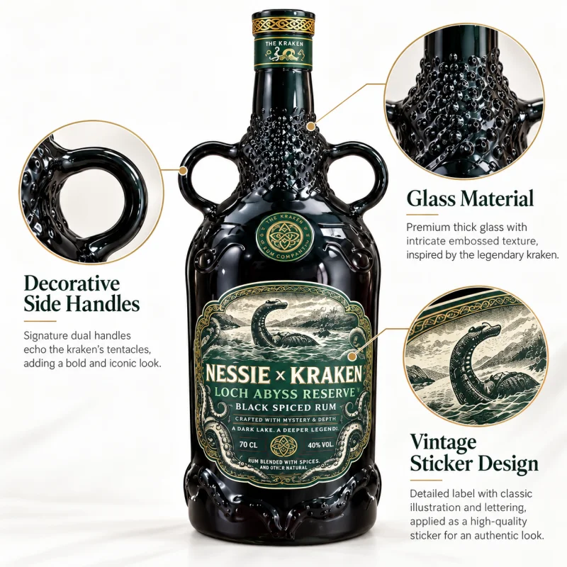 Kraken Nessie Inspired Glass Liquor Decanter Vintage Ocean Monster Sticker Design Decorative Whiskey Bottle Gift