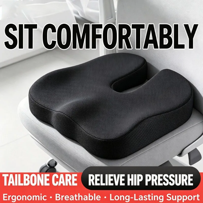 Almofada de assento de viagem em espuma viscoelástica em forma de U para cadeira, carro, escritório, suporte para quadril, respirável e confortável.