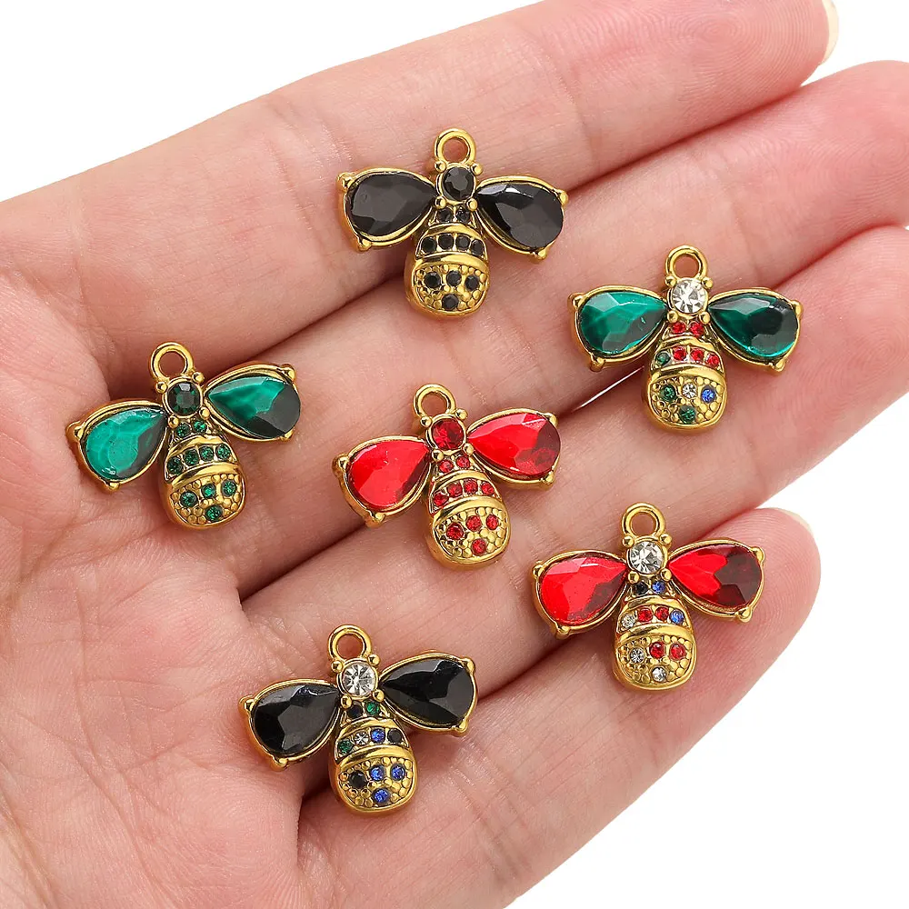 

2pcs Stainless Steel Rhinestones Bee Charm 3D Insect Pendant for Jewelry Making DIY Animal Charms For Necklace Accessories