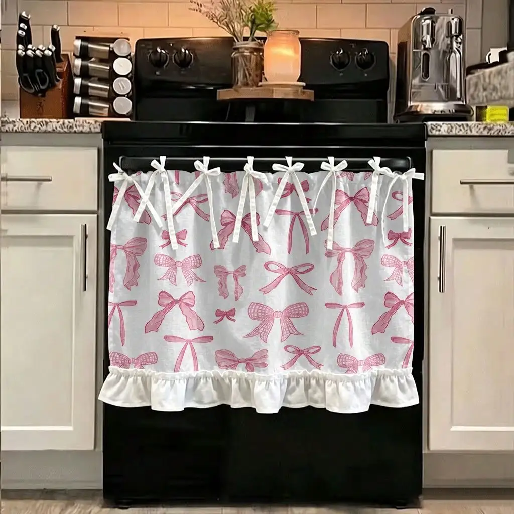 2D Flat, 1pc Kitchen Stove Curtain, Cabinet Curtain, Halloween with 2D Printing Pink Bows On White Fabric Can Be Stove Curtain Oven Valance Kitchen Sink Valance Cabinet Curtain, Makes a Great Addition to Your Theme Home