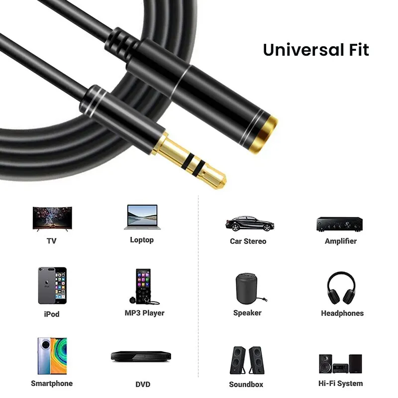 NIERBO-Cable de extensión de 3,5mm para auriculares, conector auxiliar chapado en oro, Audio estéreo, macho a hembra, Cable TRS de 1m y 5m