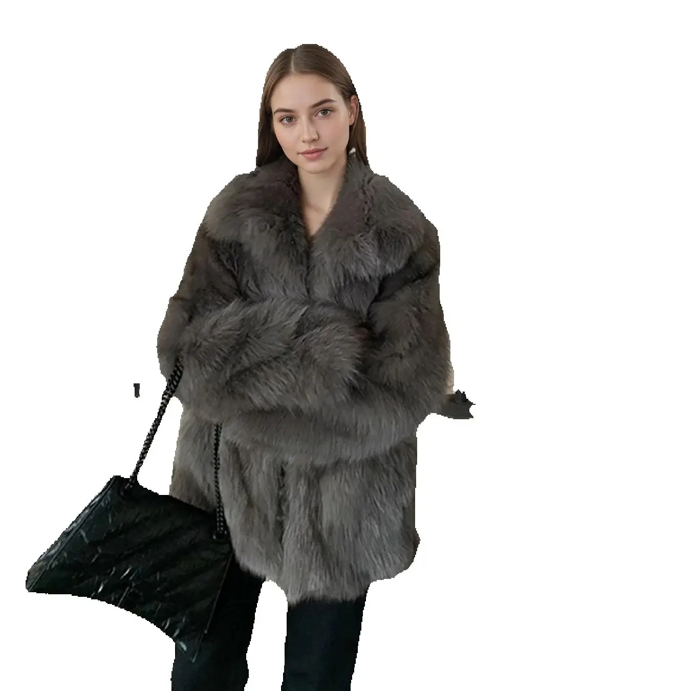 このキツネのようなエコフレンドリーな毛皮のコートは、冬にスタイリッシュでファッショナブルです。 それは、長く、厚く、そして暖かいオーバーコートで、少しの風防を備えています。
