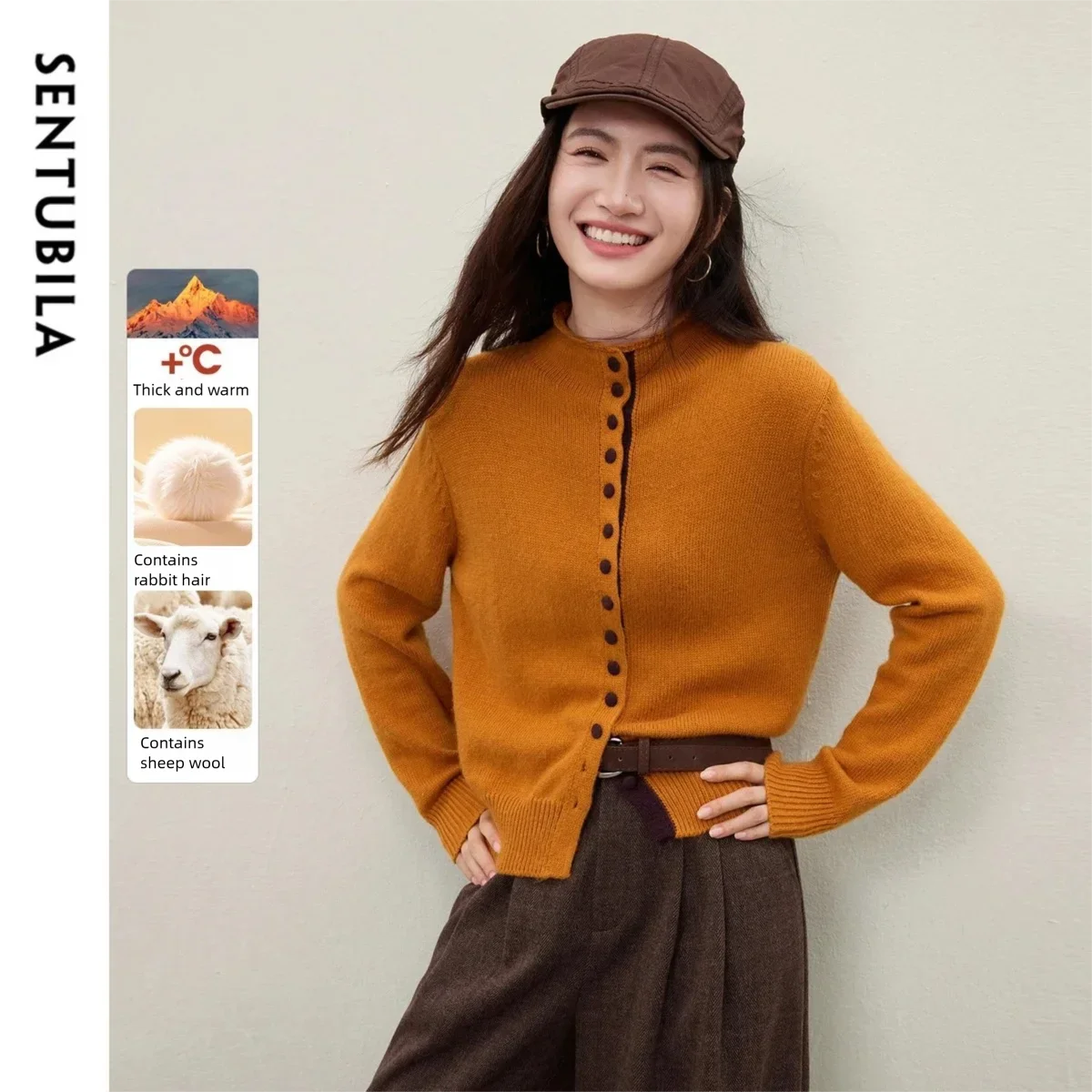 

SENTUBILA женский вязаный кардиган, новинка 2025 года, свитер с контрастными пуговицами и полувысоким воротником, повседневные мягкие зимние топы с длинными рукавами W54EB5736