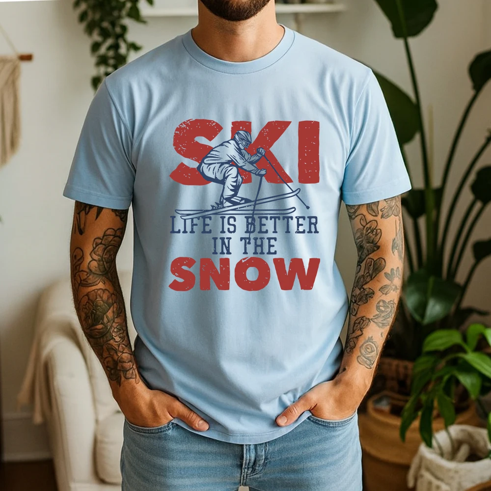 New Summer Men's 100% Pure Cotton T-Shirt Vintage Ski Life Is Better In The Snow Skiing Graphic Casual Breathable Short Sleeve