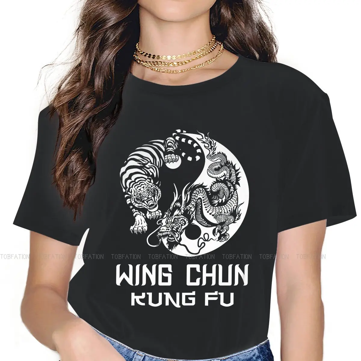 Kung Fu Girls T Shirt Tiger Dragon Female Tops Graphic Kawaii Tees Ladies 5XL Oversized Tshirt