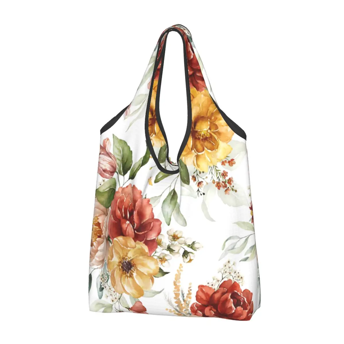 Vintage Peony Floral Reusable Shopping Grocery Bags Foldable 50LB Weight Capacity Watercolor Flowers Eco Bag Eco-Friendly