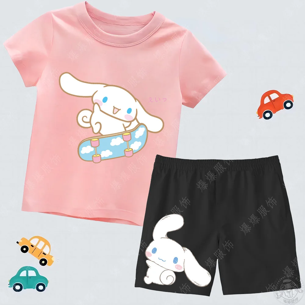 Sanrio Kids Summer Girls Short Sleeve T-shirt + Beach Pants Set Cute 2d Laurel dog Print Kids Casual Shorts T-shirt set for kids