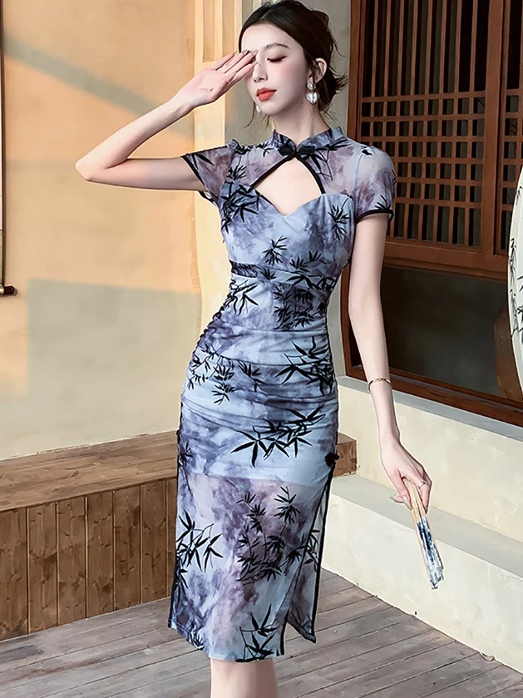 Frauen drucken Kurzarm aushöhlen sexy Midi-Kleid Sommer elegante Party kleid und Events koreanische Vintage Bodycon Ballkleid