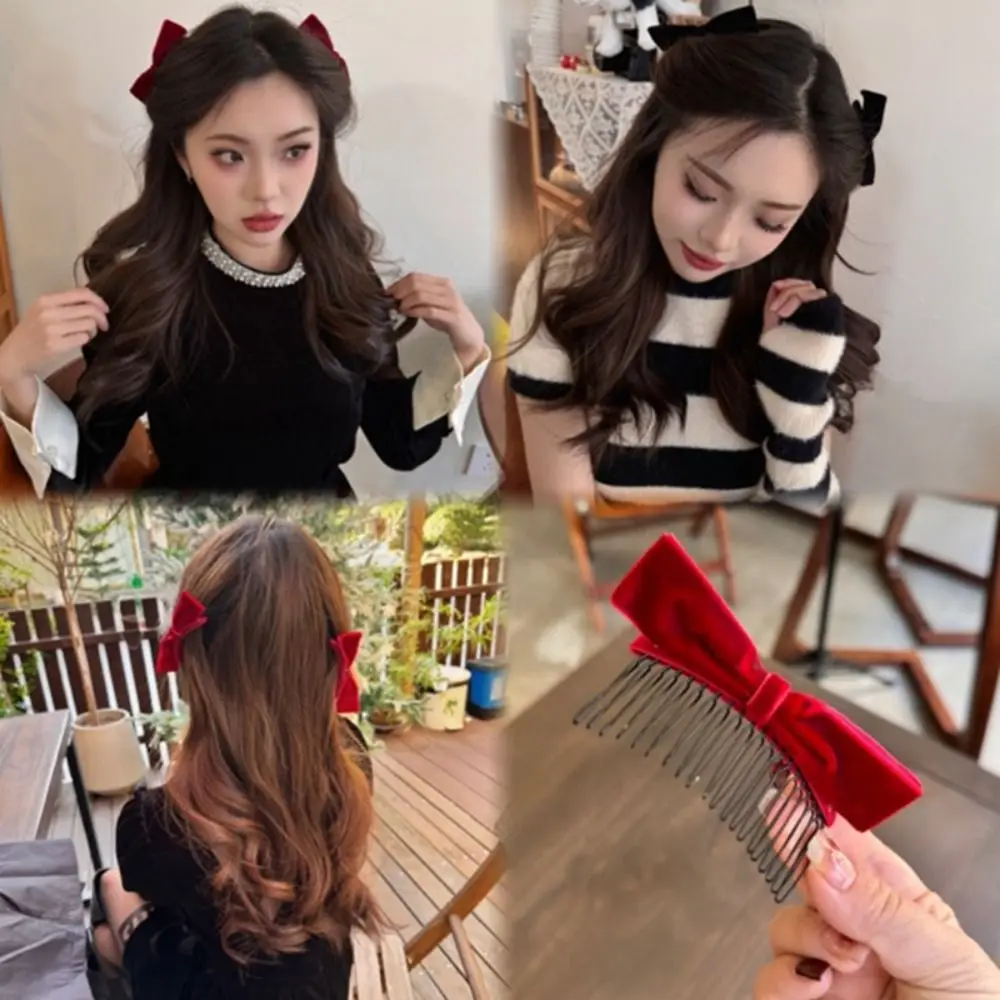 Cloth Bow Hairpin Simple Hair Comb Red Velvet Bowknot Hair Clip Korean Style Headwear Side Clip Female Hair Accessories