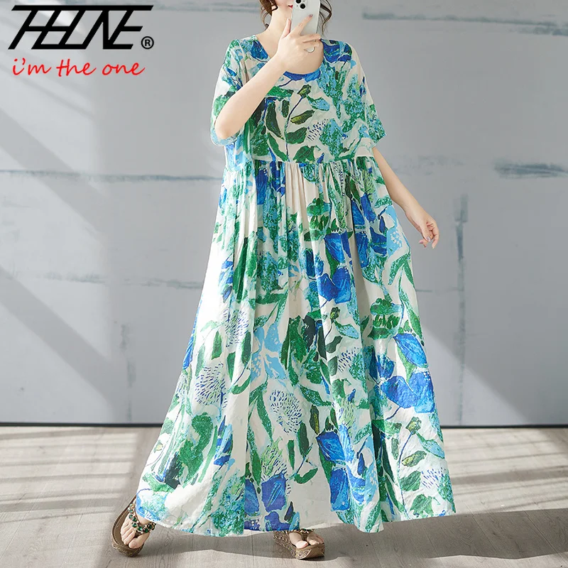 THHONE Robe Plus Size 100KG Summer Dress Women Floral Loose Vestidos Para Mujer Casual Maxi Print Cotton Linen Oversized BOHO