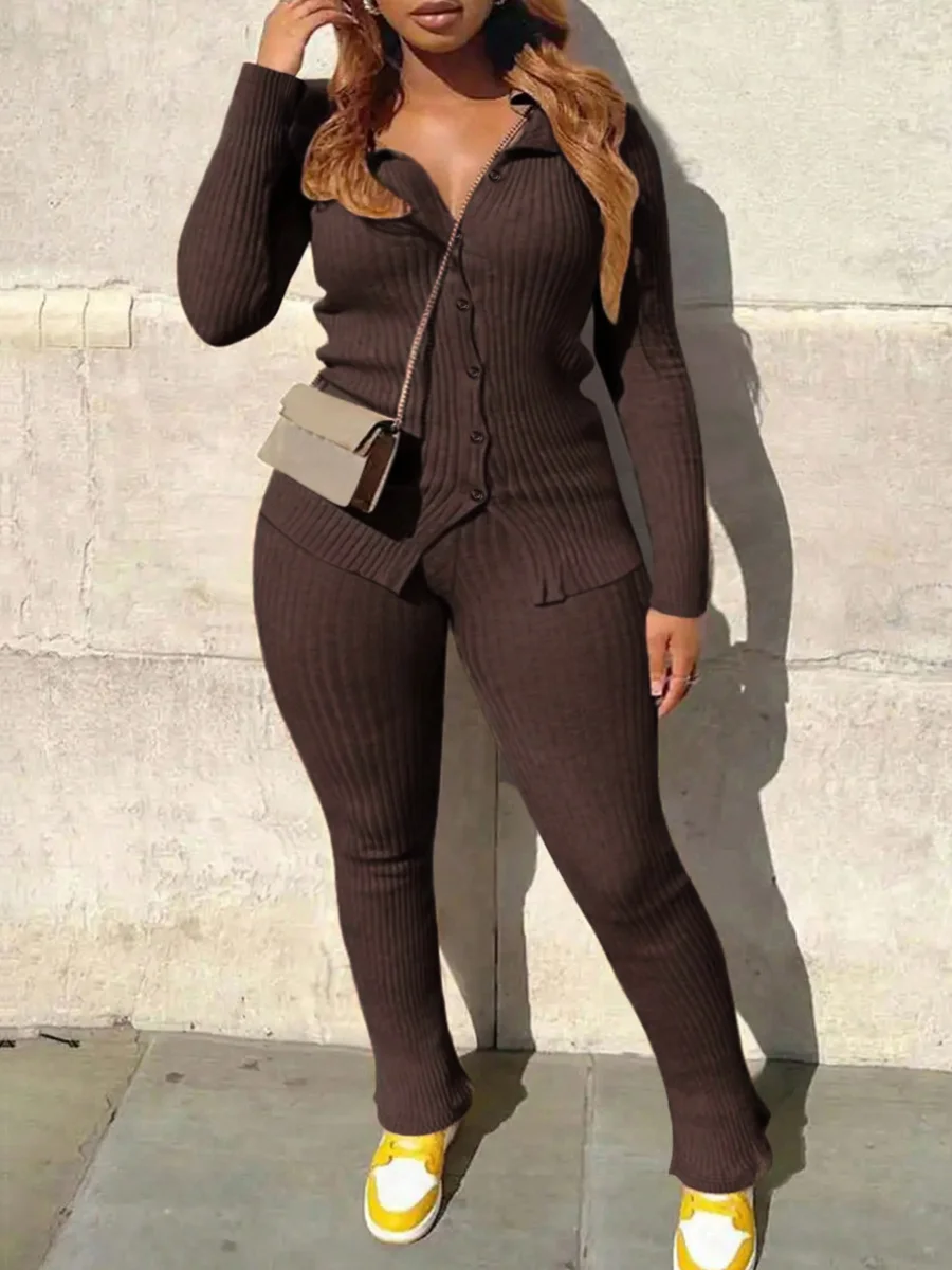 

LW Plus Size Two pieces sets Turndown Collar Button Design Pants Set casual long sleeve women's Two pieces set Autumn winter NEW