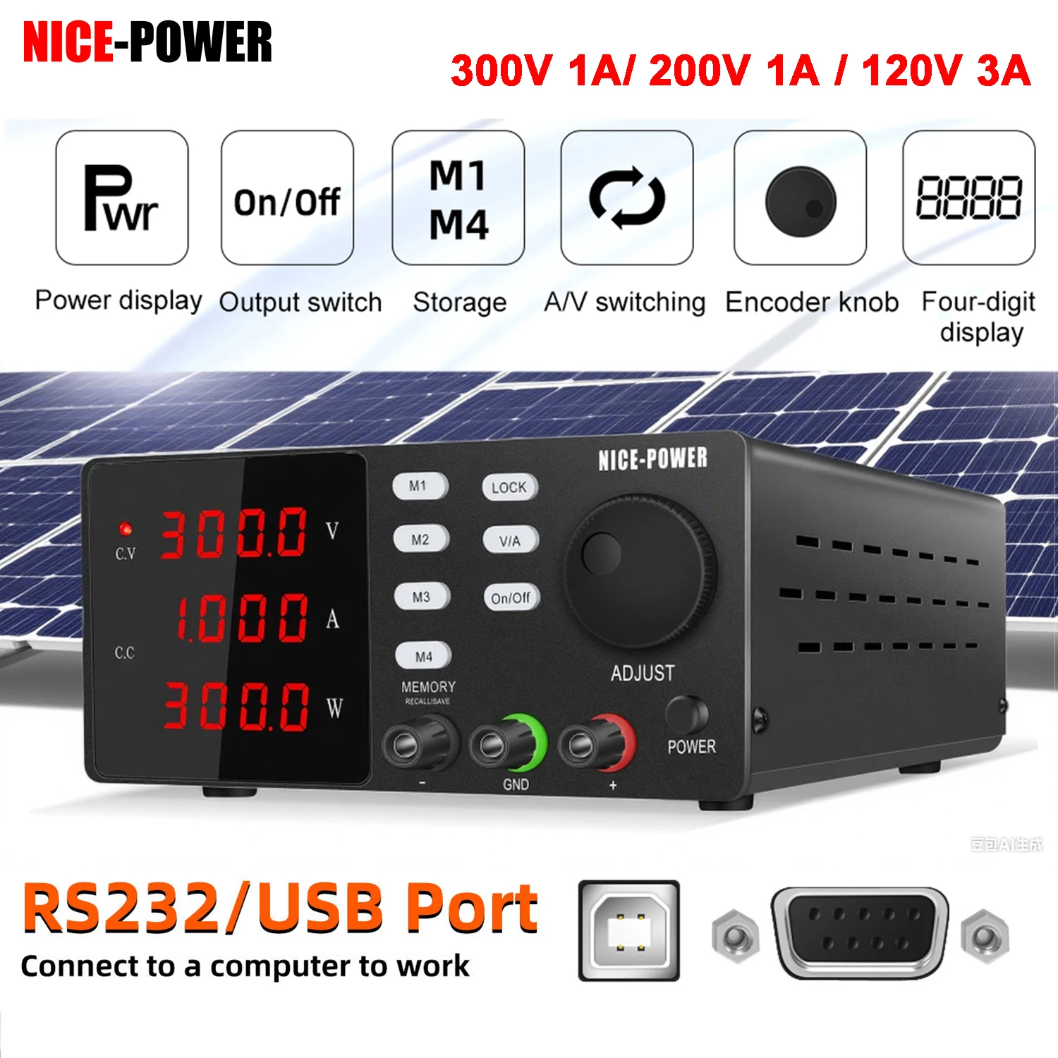 

NICE-POWER 200 В 300 В 1 А Лабораторный источник питания RS232 USB Программное управление Настольный источник питания для солнечной панели 120 В 3 А 60 В 5 А