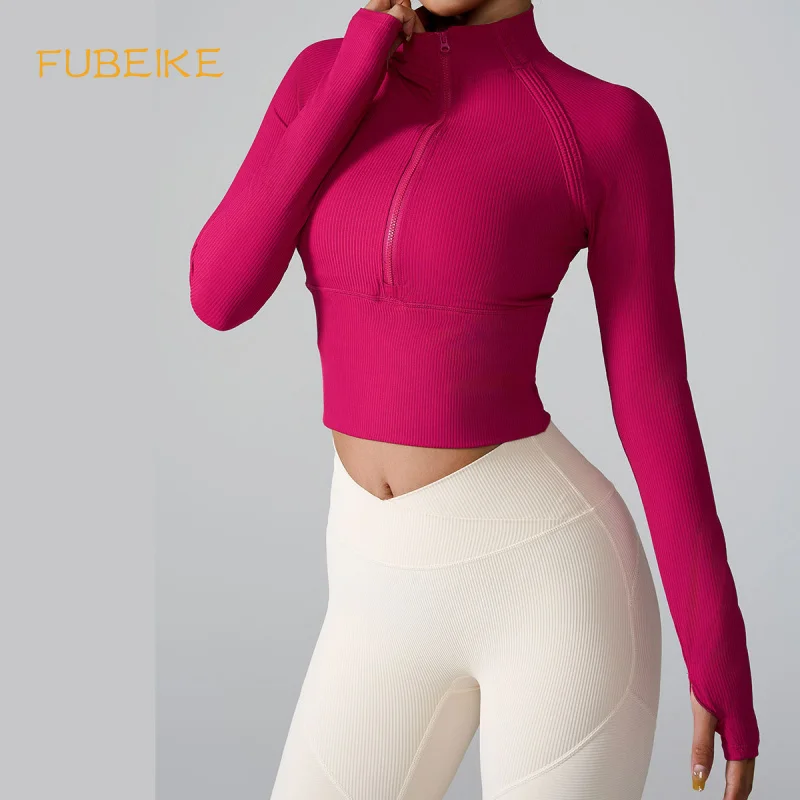 

FUBEIKE Sport Outfit For Woman Sports Jacket Quick-Drying Slim Fit Stand Collar Coat Half Long-Sleeve Zipper Skinny Yoga Clothes