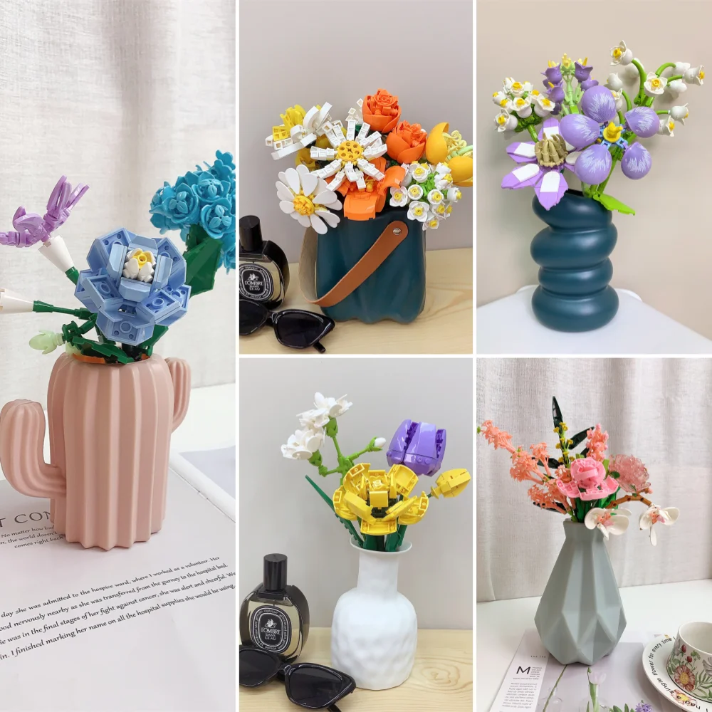 Buquê de flores blocos de construção kit criativo diy flores bloco brinquedos conjunto presente para crianças meninas amigos adultos bela decoração casa