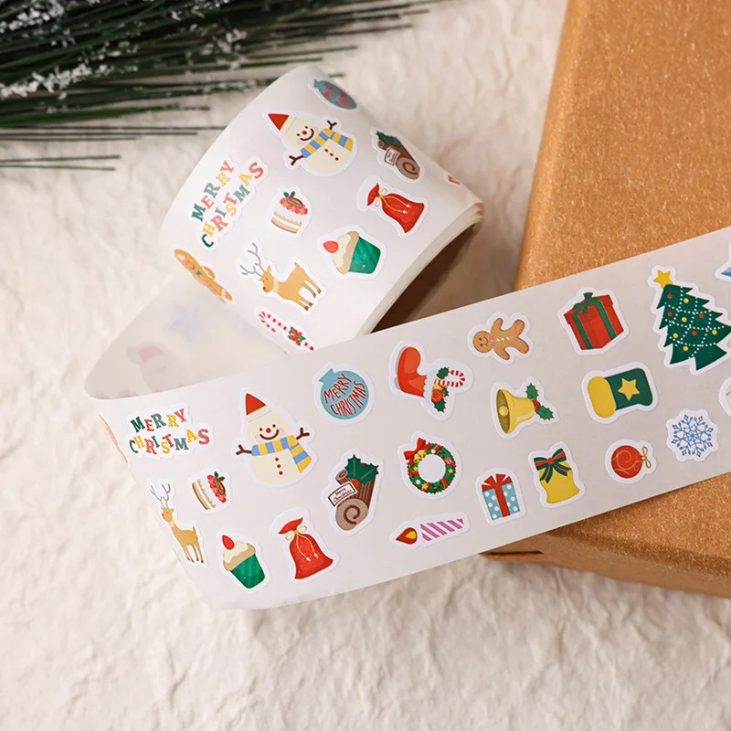 300pcs/roll Christmas Stickers for Kids Cute Xmas Tree Santa Claus Reindeer Stickers Roll Christmas Gift Wrap Decorative Sticker