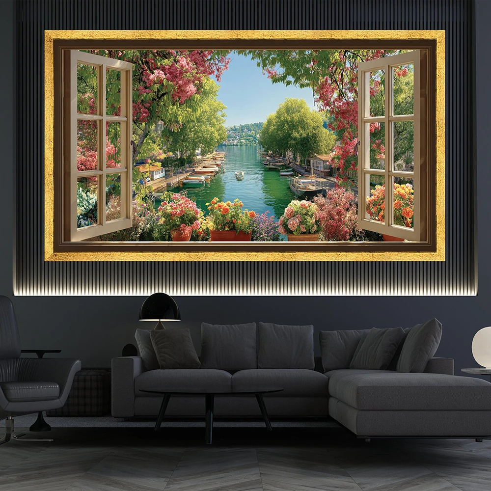 (1PC Unframe)Picturesque view of the lake through open window canvas, flower garden balcony wall art, serene natural landscape c