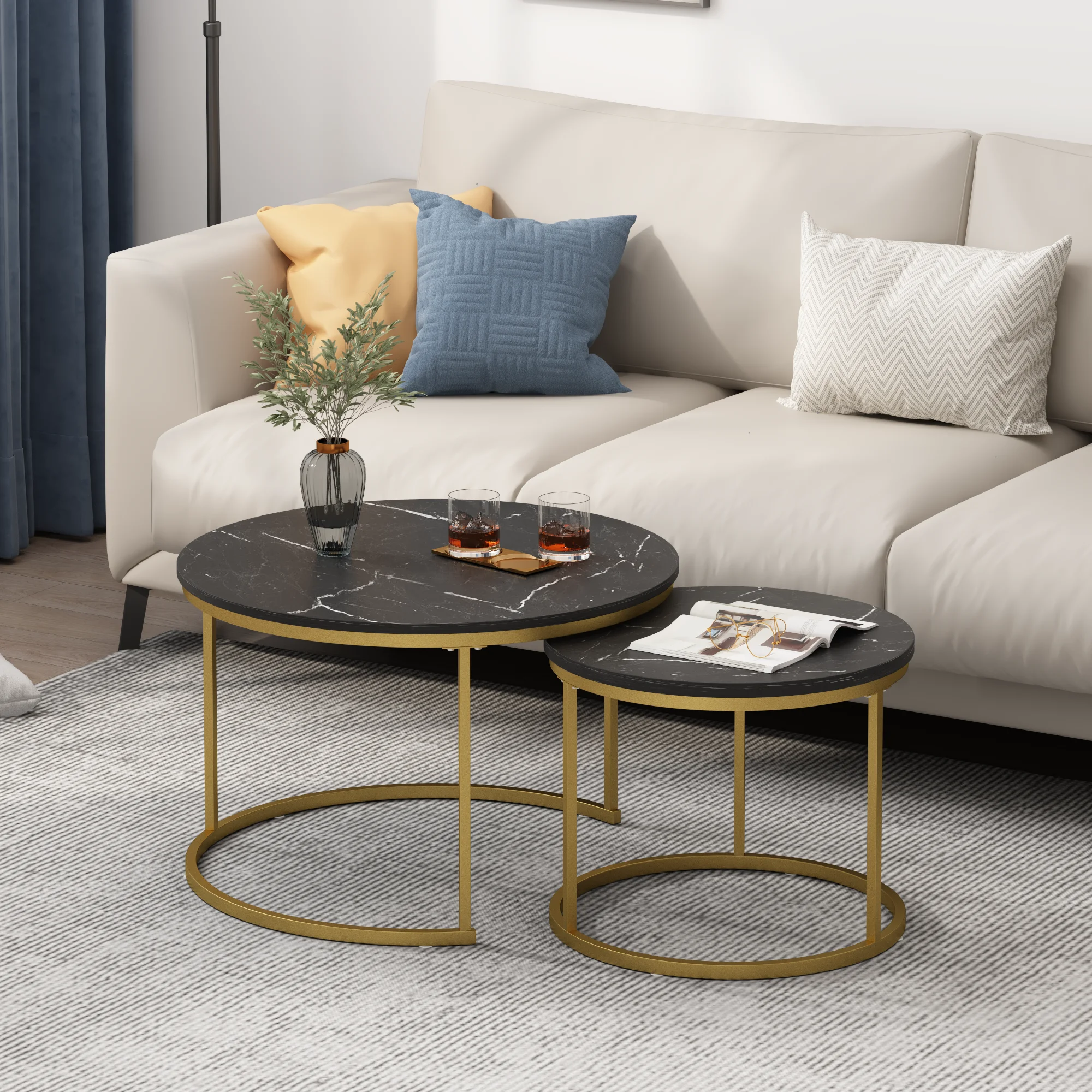 27.6in Nesting Coffee Table Set of 2, Round Coffee Table Wood Marble Pattern Top with Sturdy Metal Frame, End Table Side Tables for Living Room Bedroom Balcony Yard (Black)
