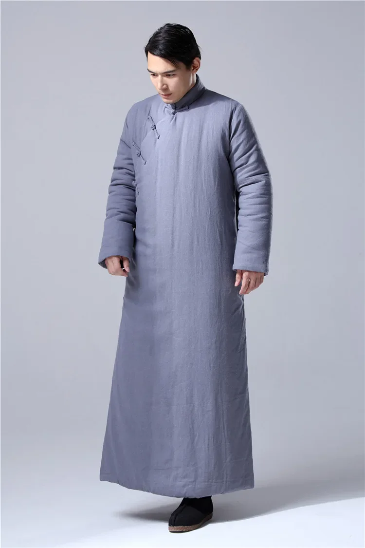 النمط الصيني سميكة فضفاضة الكتان pourpoint رداء طويل الصين التقليدية الشتاء ملابس رجالية الرجعية القنب القطن مبطن ثوب طويل رداء