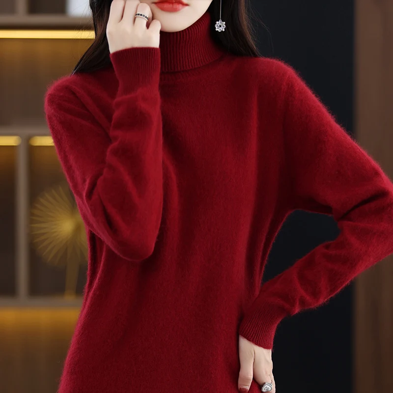 2024 Autumn And Winter New Mink Cashmere Ladies High-Necked Long Dress Slim Pullover Knitted Wool Bottoming Skirt RONGNI