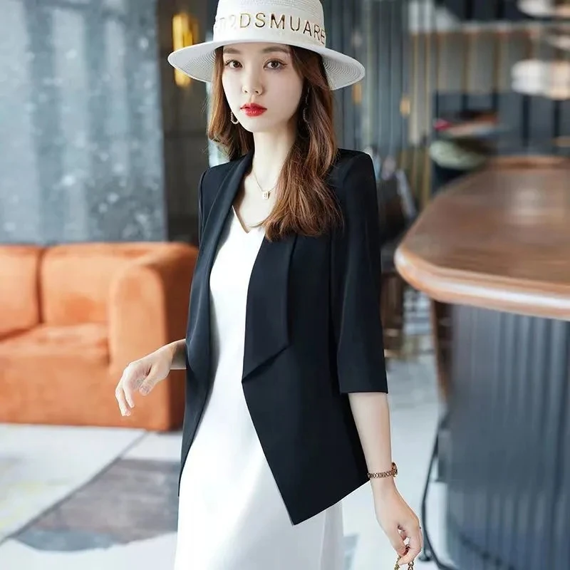 

Vintage Women's Western Style Thin Suit Jacket 2022 New Summer Fat MM Was Thin Three-Quarter Sleeve Suit Top Women Blazer White