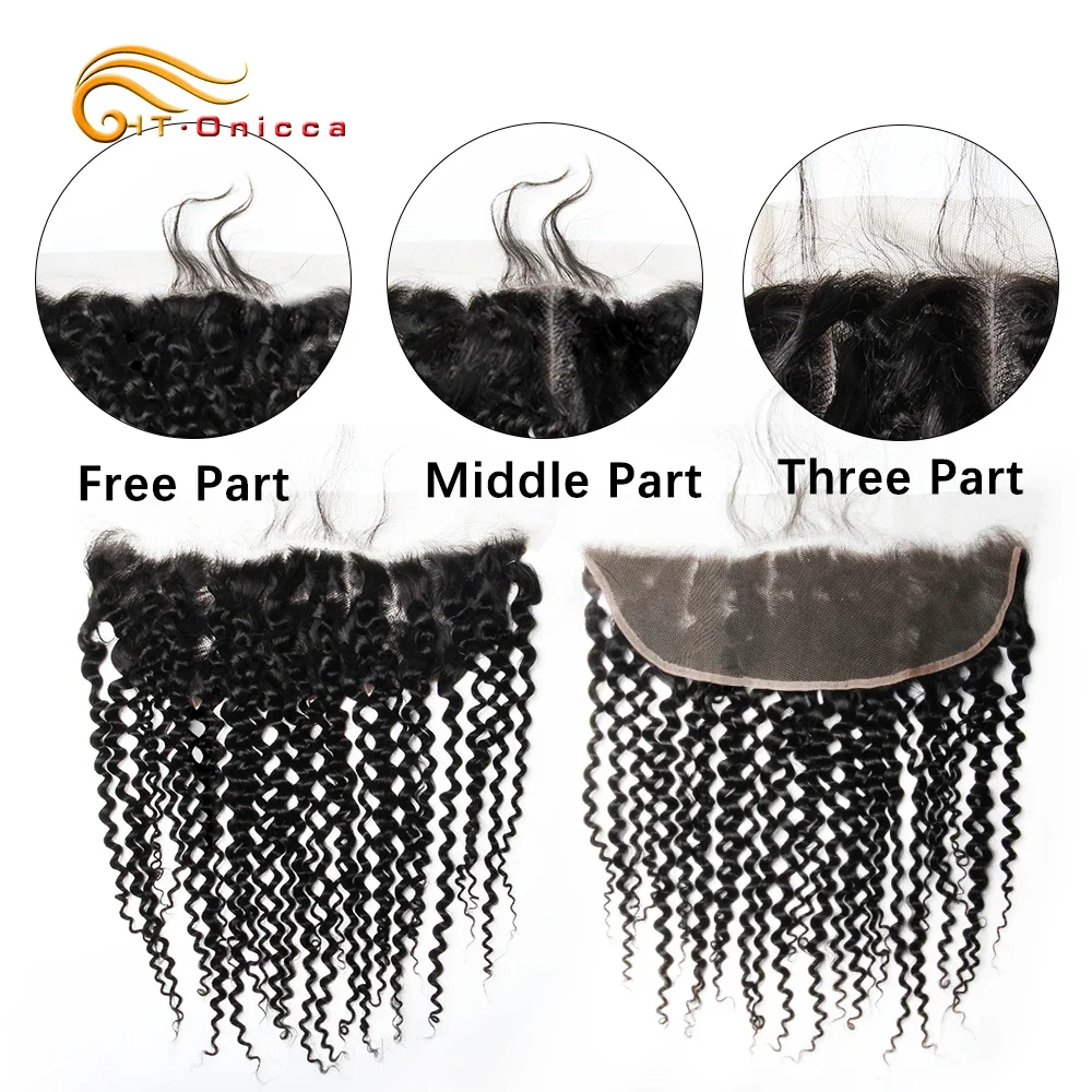 Human Hair Closure 4x4 13x4 Brazilian Kinky Curly Hair Lace Closure Frontal With PrePlucked Transparent Lace Mid Part Three Part