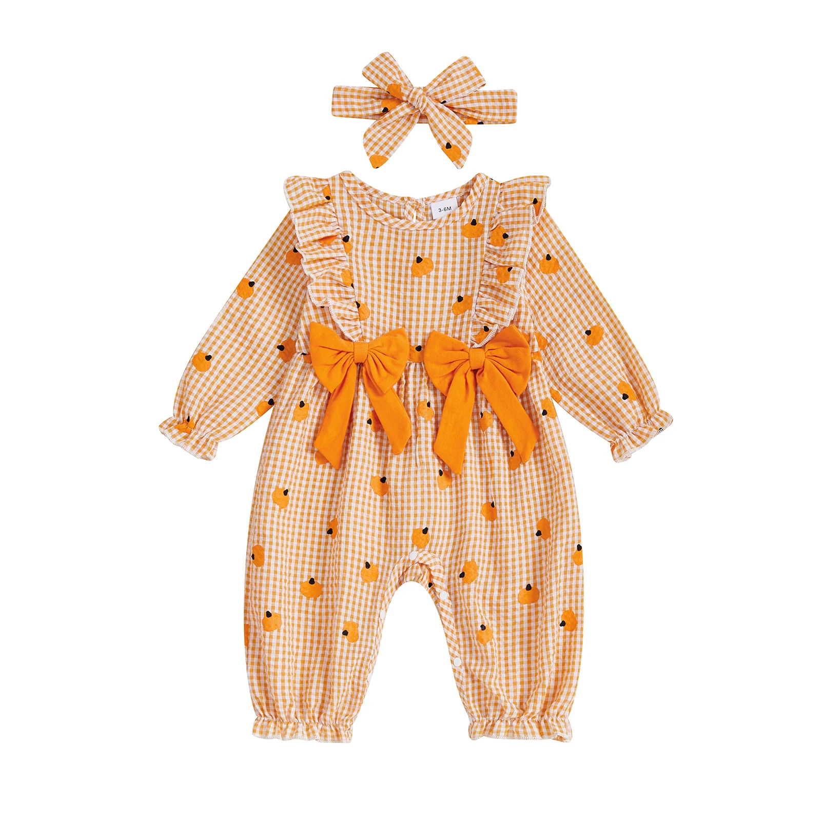 

Baby Girl Halloween Outfit Pumpkin Print Plaid Bows Ruffled Trim Long Sleeve Romper and Bow Headband 2 Pcs Set