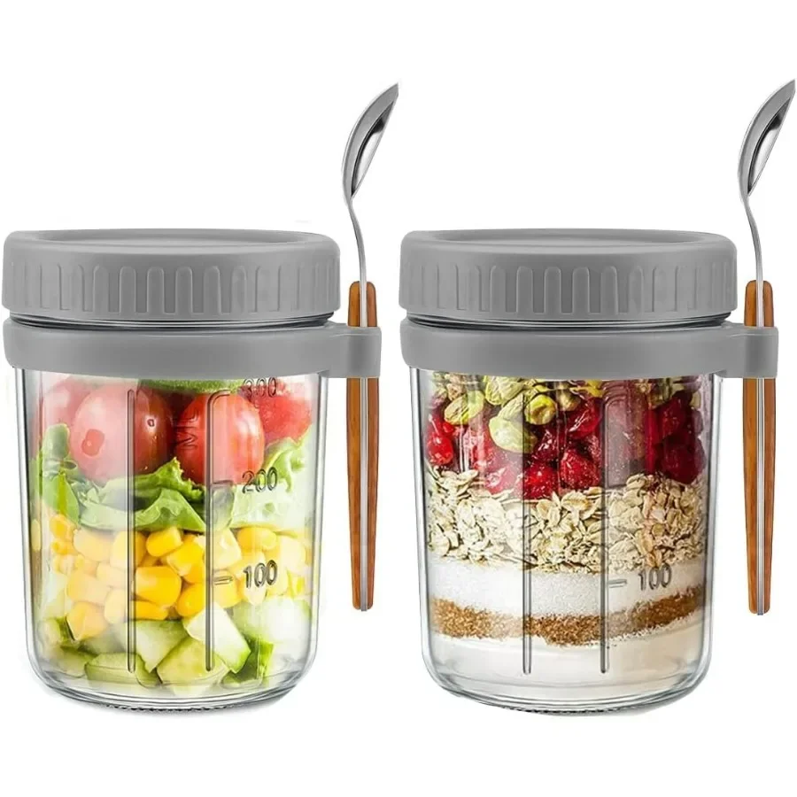Contenedor de avena durante la noche, enlatado de vidrio para yogur y avena con tapas y cuchara, 10 oz, cereales, leche, ensalada de frutas con marcas de medición