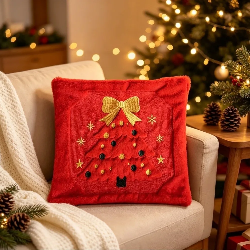Soft Christmas Pillow Cover Christmas Tree Bowknot Throw Cushion Case Santa Claus Square Xmas Tree Pillowslip Winter Decor
