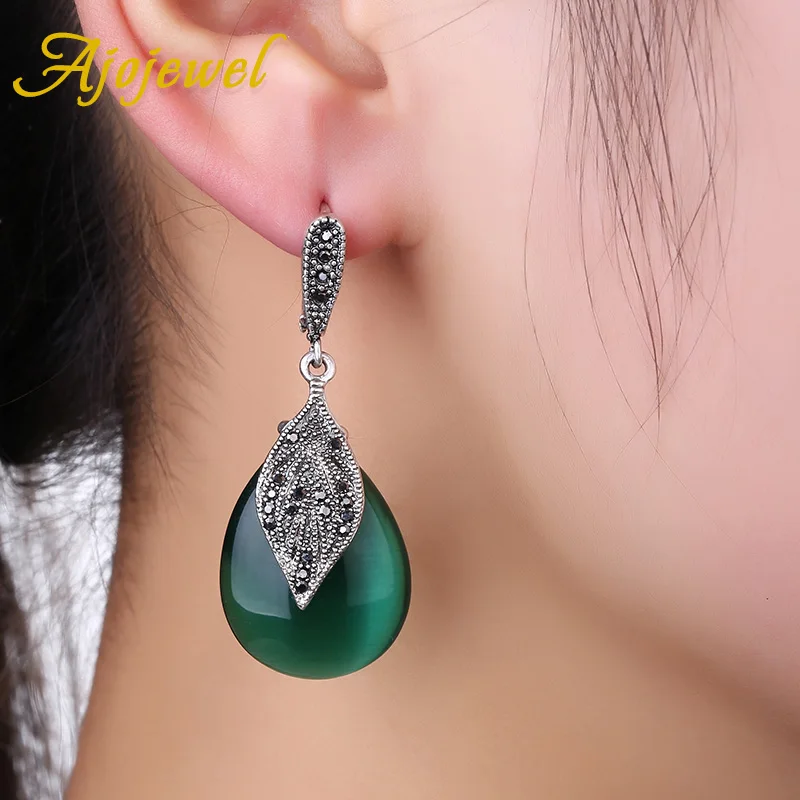 Ajojewel Black Rhinestone Leaf Designer Earring Ring Necklace Set Jewelry With Green Opal Stone Vintage Style Item Supplier