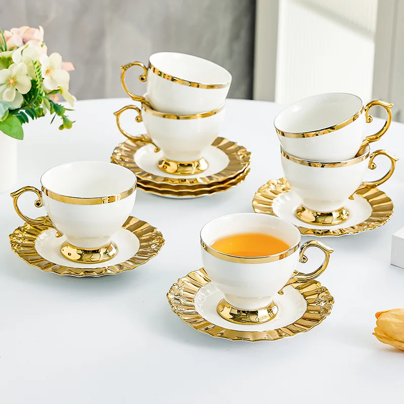 250ml Ceramic Coffee Cup Saucer Gold Border Mug European Afternoon Tea Latte Art Coffee Cup Exquisite Breakfast Milk Mug Gifts
