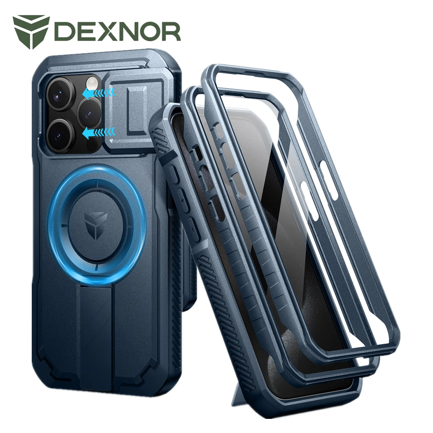 

Dexnor For iPhone 15 Pro Rugged Armor Shockproof Case with Built-in Sliding Camera Cover and Built-in Screen Protector Kickstand