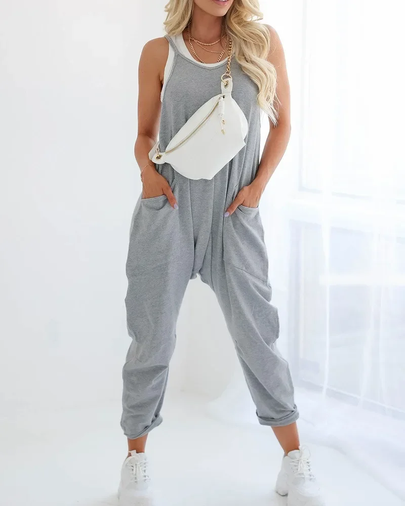 

Summer Women Sleeveless Gray Causal with Pocket Overall Rompers Pencil Pants Jumpsuit