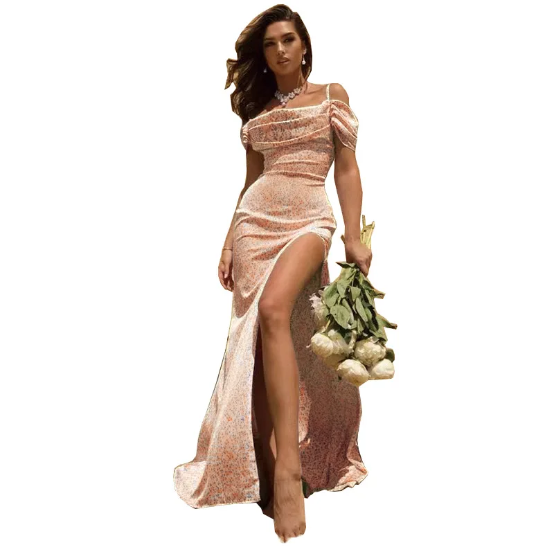 Dress Women Summer 2022 New Europe Small Broken Flower Sexy Condole off-the-shoulder Vented Dresses Casual Vestidos OLNAL8328