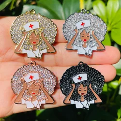 5pcs Afro Black Girl Nurse Charms Nurse's Day Gift Zirconia Pendant Women Bracelet Necklace Making Gold-Plate Jewelry  Accessory